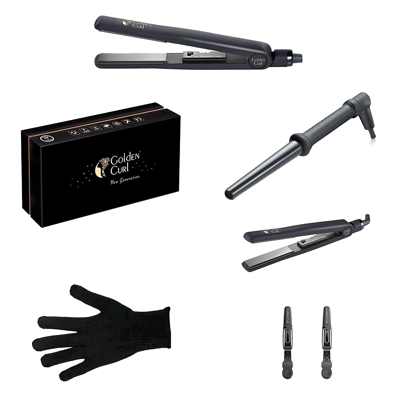 Golden Curl The Black Luxury Set (6 tlg.) Schwarz | Lockenstab | Glätteisen | hitzebeständiger Handschuh | Haarclips | Negativ-Ionen-Technologie